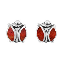Charming Ladybug Coral Inlaid Wings Sterling Silver Stud Earrings - £12.65 GBP