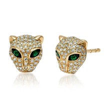 0.50Ct Round Cut Emerald &amp; Diamond Panther Stud Earrings 14K Yellow Gold Finish - £85.55 GBP