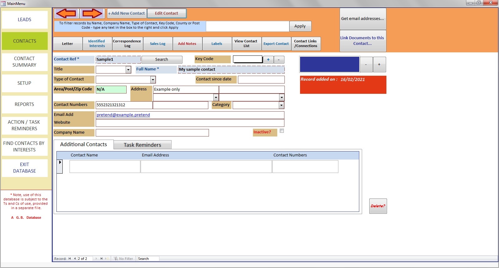 Customer manager CRM MS-Access database software template | Contacts | Leads.