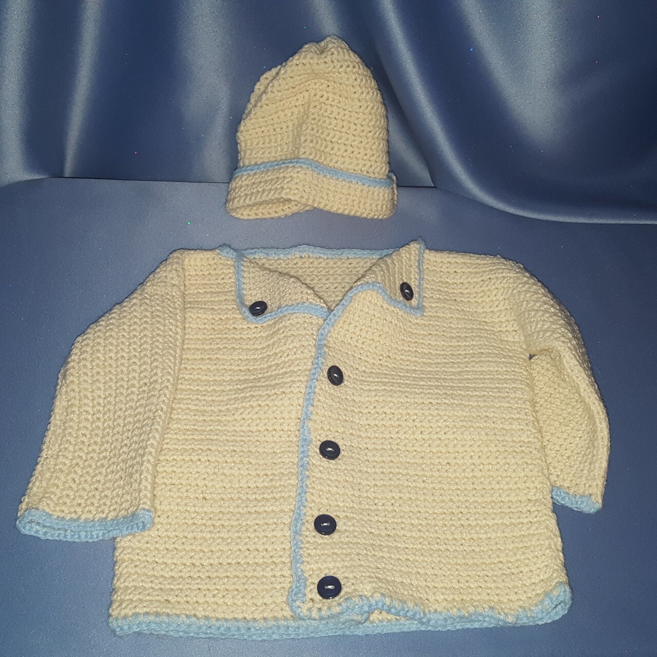 Primary image for Baby Sweater in Ecru with Blue Trim and Buttons by Mumsie of Stratford