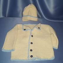 Baby Sweater in Ecru with Blue Trim and Buttons by Mumsie of Stratford - $30.00