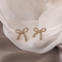 Korean Fashion Hollow Bowknot Stud Earrings for Women Shiny Rhinestone Crystal B - £7.42 GBP
