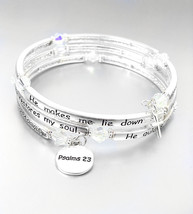 Inspirational Silver Twist Wire Wrap PSALMS 23 Crystals Charms Bracelet - £21.22 GBP