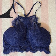 Victoria&#39;s Secret Pink Navy Blue Eyelash Lace High Neck Bralette - Small (AA-C) - £27.96 GBP