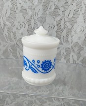 Hazel Atlas Milk Glass Jar with Lid Blue White Floral 4&quot; Tall MCM Vintage  - $10.99