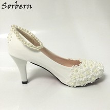 Sorbern White Beading Ankle Strap Cute Flowers Wedding Shoes Med Heels Bridal Sh - £31.11 GBP