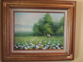 Vtg 1970s Oil on Canvas Framed Painting Landscape Wildflowers sailboats sea love - £97.34 GBP