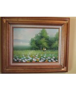 Vtg 1970s Oil on Canvas Framed Painting Landscape Wildflowers sailboats ... - $123.75