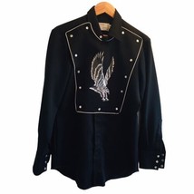 Vtg H Bar C Shirt Men Sz 15 Medium Black Pearl Snap Bib Eagle Long Tail ... - £52.50 GBP