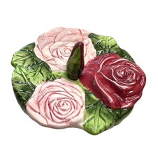 Majolica Ring Dish KMC Ceramic Rose Flower Grandma Core Cottage Core Vintage - £6.68 GBP