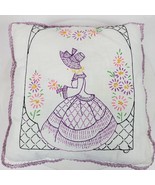 Vintage Hand Crafted Embroidery Lavender Girl Throw Pillow 12x13 Inch - $19.20 CAD