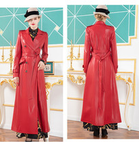 Women designer red leather coat jacket long trench overcoat - £457.32 GBP+