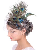 Bridal Feather Hair Clip with White Veil Peacock Feather Fascinator Brid... - $31.21