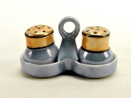 Miniature Porcelain Salt &amp; Pepper Shakers w/Caddy, Baby Blue, Japan Lust... - £15.28 GBP