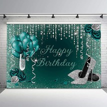 Teal Silver Birthday Backdrop Glitter Turquoise Dots Silver High Heels C... - £25.86 GBP