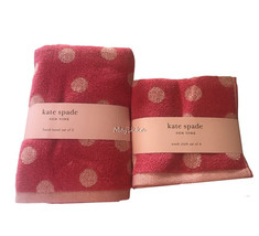 Kate Spade Pink Polka Dot Towels Set 2 Hand 4 Wash Face Cloths Bathroom Dorm - £57.90 GBP