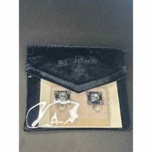 St John Silver Enamel Clip Earrings Rhinestones Square - $89.10