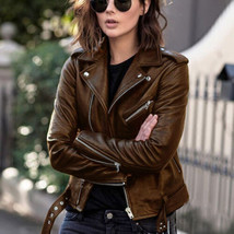 BROWN Women&#39;s Leather Jacket Genuine Soft Lambskin New Handmade Motorcycle Biker - £84.20 GBP