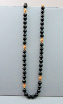 Vintage Black  Glass Bead Necklace with Gold Accent Beads - £18.20 GBP
