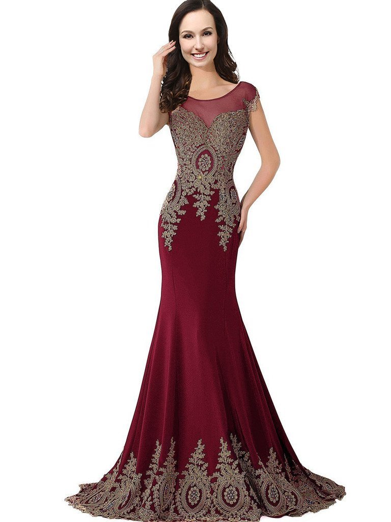Sheer Bateau Long Mermaid Gold Lace Beaded Crystals Formal Prom Evening Dresses