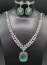 Indian Bollywood Style 18k White Gold Filled Necklace Sea Green CZ Jewelry Set - £59.76 GBP