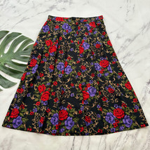 Koret Womens Vintage 90s Midi Skirt Size 14 Black Red Rose Floral Pleated Pocket - £22.67 GBP