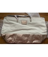 NWT Large Victoria Secret Cream &amp; Rose Gold Tote Bag Fabric Patent Leath... - $896.69 MXN