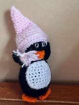 Hand Made Crocheted Black &amp; White Penguin w Pink Hat Cap Stuffed Animal – 6.75 - £7.47 GBP
