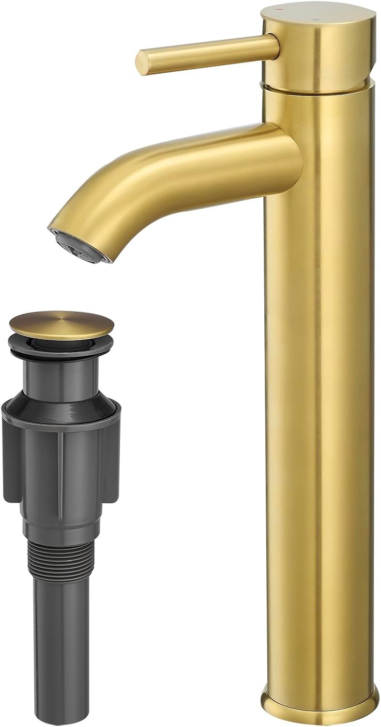 Voton Brushed Gold Tall Bathroom Faucet, Single Handle Bathroom Vessel Sink - $59.93