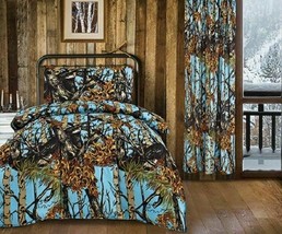 4 pc Powder Blue Camo Woods Twin Comforter and microfiber sheets 1 pillow case - £57.88 GBP