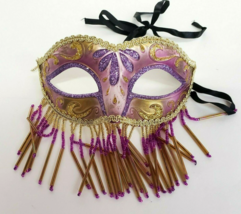 Venetian Masquerade Eye Mask Beads Fringe pink purple gold glitter Mardi Gras - £7.83 GBP