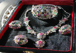 Fabulous 90+ ct Emerald ruby, sapphire necklace, earrings bracelet &amp; ring SS set - £9,460.46 GBP