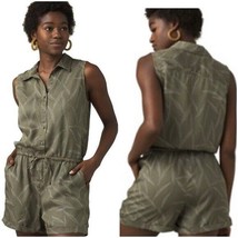 New NWT Prana Romper Weekend Escape L Womens Tie Pockets Rye Green Leaves Button - £109.58 GBP