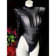 Club Rave Festival Sheer Elegant Black Rhinestone Long Sleeve Bodysuit- ... - $20.00