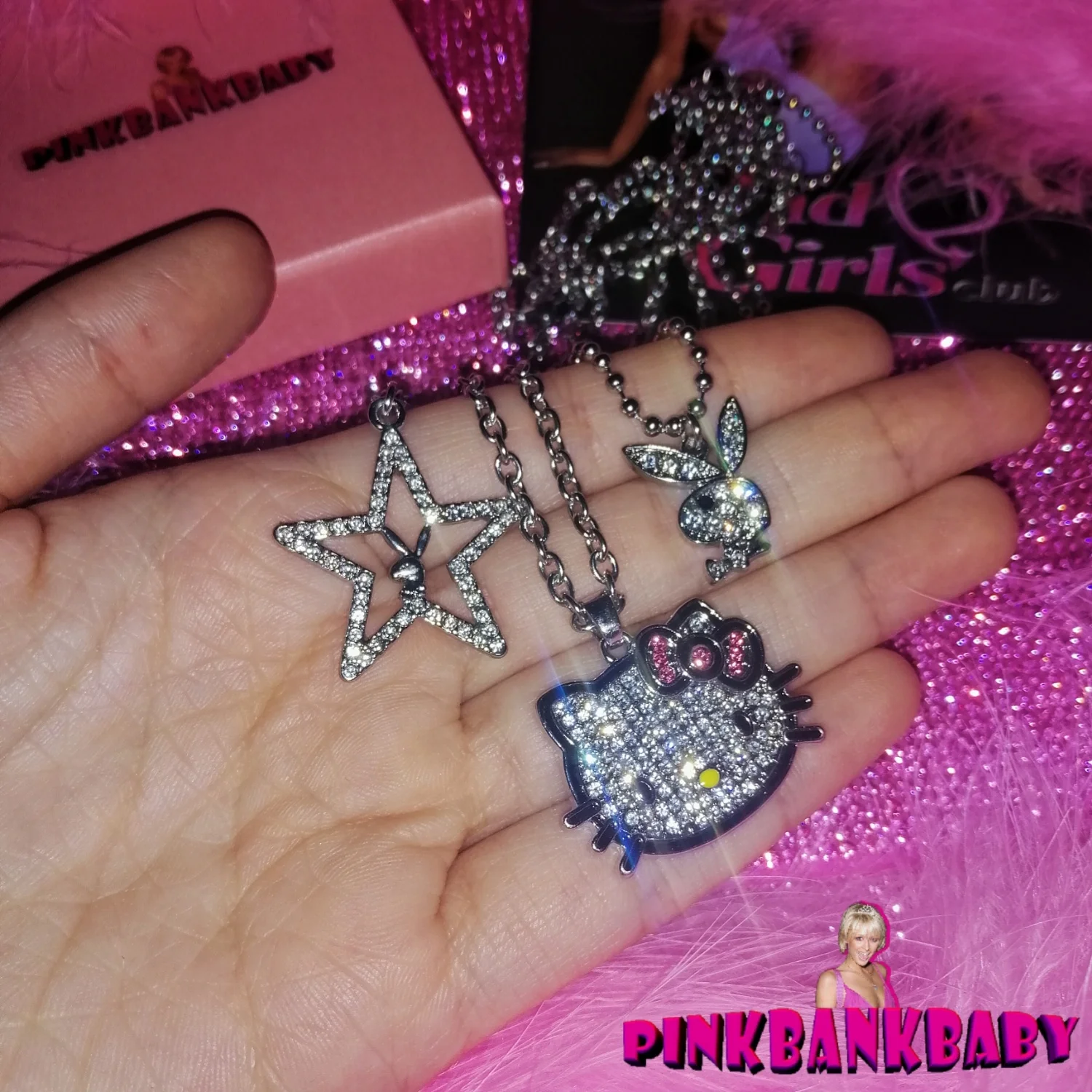 Y2k Hello Kitty Sanrio Necklace with Chain Alloy Silver Crystals Female Charm - £7.11 GBP+