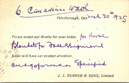 1925 JJ Turner Thank You Postcard Wool Blankets Peterborough Canada Undivided - £8.00 GBP