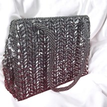 Small Black Beads &amp; Sequin Hand Bag with Mirror Double Top Handles Snap ... - $16.82