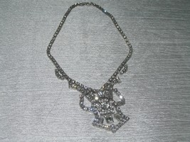 Vintage Stately Center Drop Clear Rhinestone Silvertone Necklace - 15 inches in - £14.82 GBP