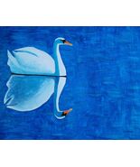 Painting Swan Original Signed Art White Bird Blue Still Water Lake Carla... - $39.58
