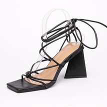 Fashion SoliOpen Toe Summer Sandals PU Ankle Cross-Tied Mid Heel Women Shoes Con - £42.28 GBP