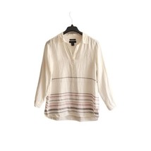 Tahari Shirt Womens Small Striped Linen Tunic Top Split Neck Long Sleeve  - $24.75