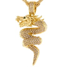 14K Argent Plaqué or Jaune Rond Coupe Zircone Dragon Pendentif - £172.76 GBP