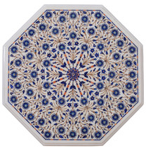 16&quot; White Marble Coffee Lapis Lazuli Table Top Mosaic Hallway Home Decor Arts - £1,071.40 GBP