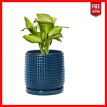 Modern 6 Inch Blue Ceramic Planter with Drainage Holes and Saucer Included - $854.77 MXN