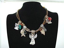 Beaded Silver Copper Rhinestone Leather Rope Necklace Angel Stars Hearts 9&quot; - £10.04 GBP