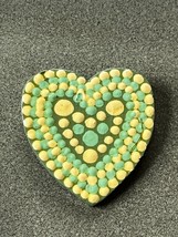 Handmade Yellow &amp; Green Dotted Painted Wood Valentine’s Day Heart Brooch Pin - £7.55 GBP