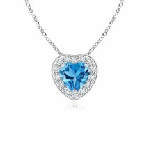 ANGARA Heart-Shaped Swiss Blue Topaz Pendant with Diamond Halo in 14K Solid Gold - £393.53 GBP