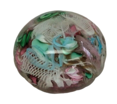 Murano Small Glass Paperweight White Lattice Filigree Colorful Twisted Ribbons - £66.35 GBP