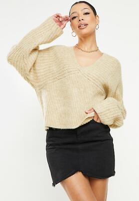 Primary image for MISSGUIDED Fluffy V Neck Stitch Detail Knitted Jumper Stone UK 14 16 (MSGD3-2)