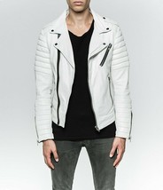 Men&#39;s Genuine Lambskin Quilted Biker Jacket Moto Slim fit Leather Jacket Coat - £55.37 GBP+